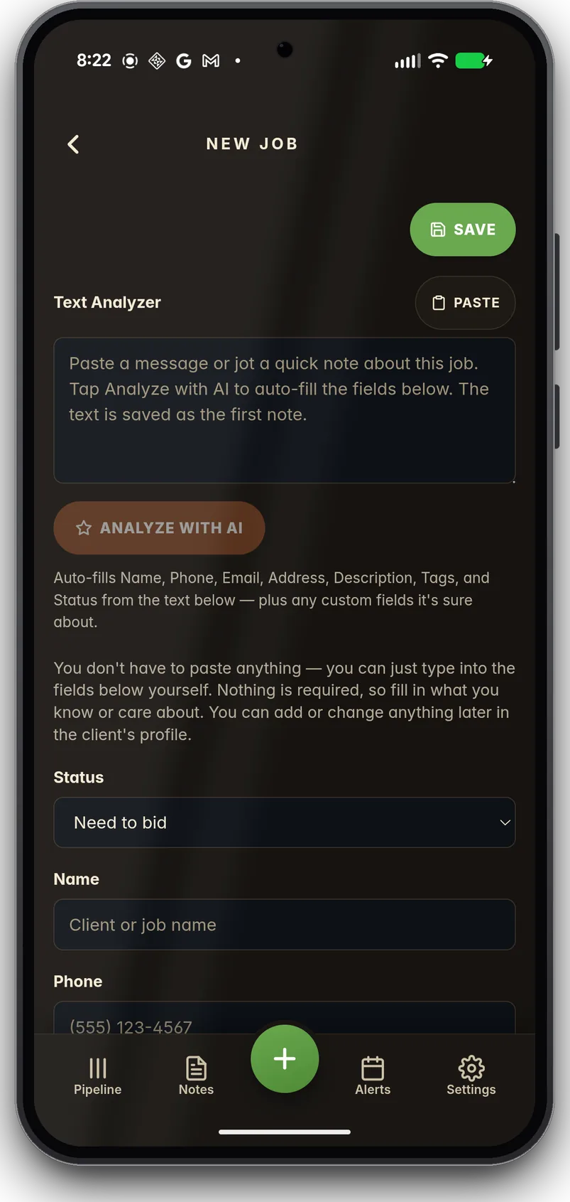 Job Holster New Job screen with the built-in Text Analyzer that turns a pasted message into filled-in customer fields